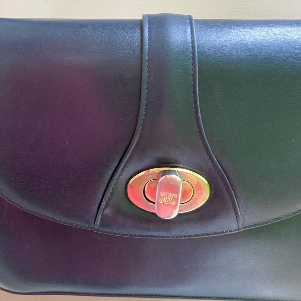 Celine Vintage Black/Dark Navy Triomphe Leather Shoulder Bag - Picture 5 of 17